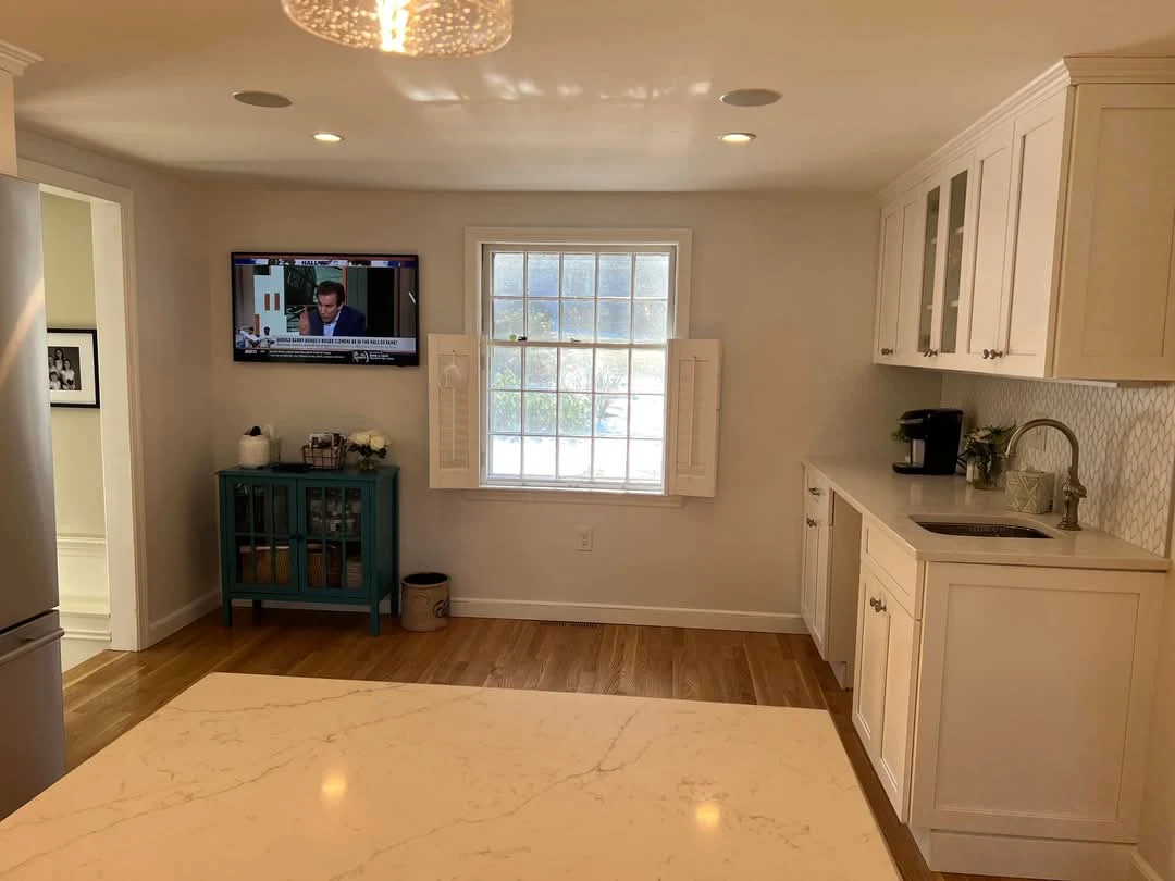 Finished room with recessed lighting and TV mount wiring